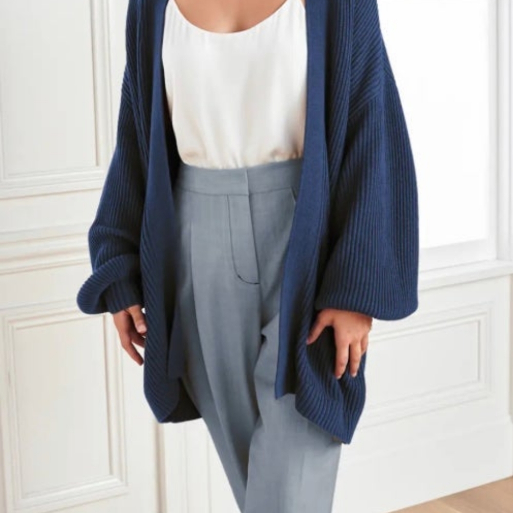 Quince Navy Ribbed Open-Front Cardigan